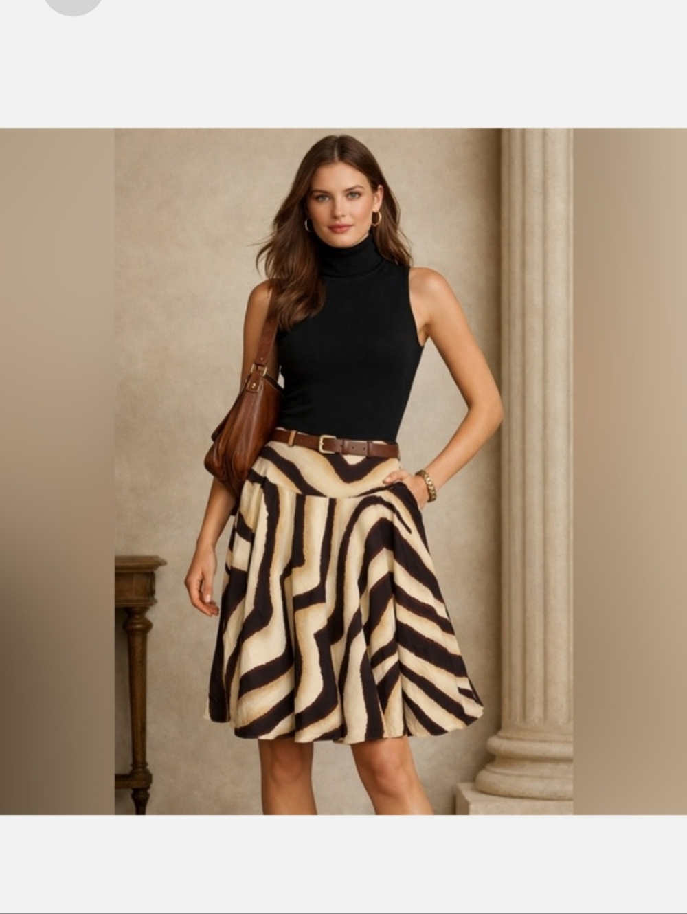 Lauren By Ralph Lauren Silk Beige and Dark Brown Animal Print Skirt.